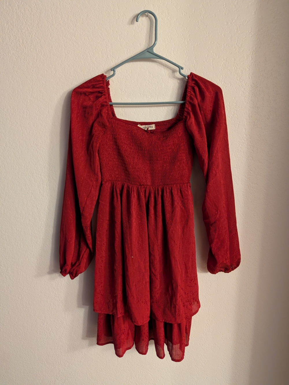 Rewind Ruby Red Long-Sleeve Smocked Tiered Mini Dress